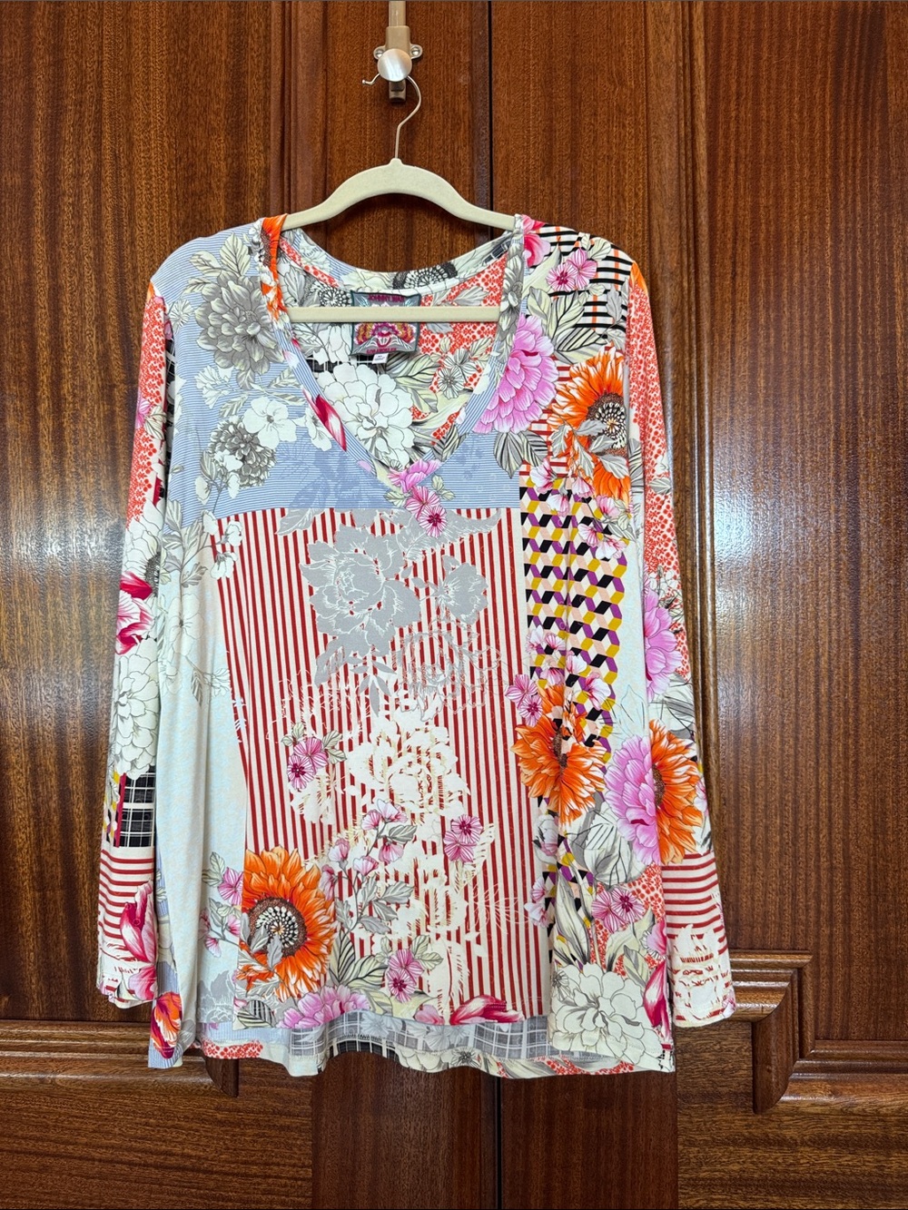 Johnny Was Mixed Floral Patchwork V-Neck Long Sleeve Top - Orange Pink Cream